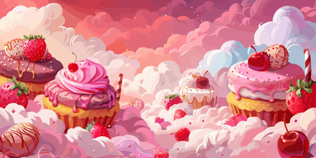 Candy land background, cute fantasy world. Vector cartoon illustration.yのイラスト素材