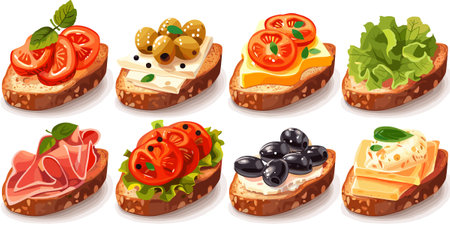 Illustration of a set of different sandwiches with cheese, olives and tomatoのイラスト素材