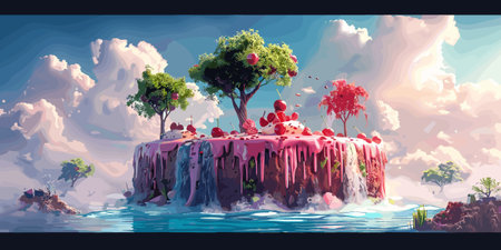 Candy land background, cute fantasy world. Vector cartoon illustration.のイラスト素材