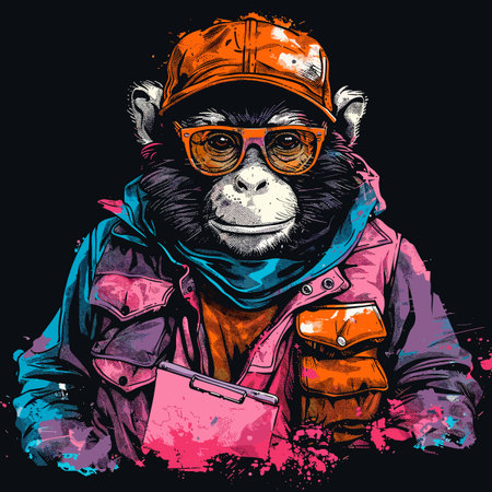 Monkey in a jacket, hat and glasses. Hand drawn vector illustration.