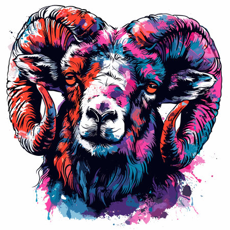 Ram head on colorful splashes background. Hand drawn vector illustration.のイラスト素材