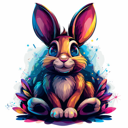 Cute cartoon rabbit sitting on floral background. Vector illustration for your designのイラスト素材
