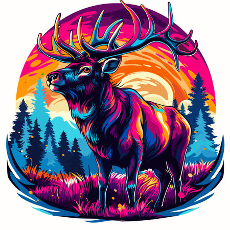 Deer in the forest on a background of the sun. Vector illustrationのイラスト素材