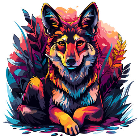 Vector illustration of a wolf on a background of grass and plants.のイラスト素材