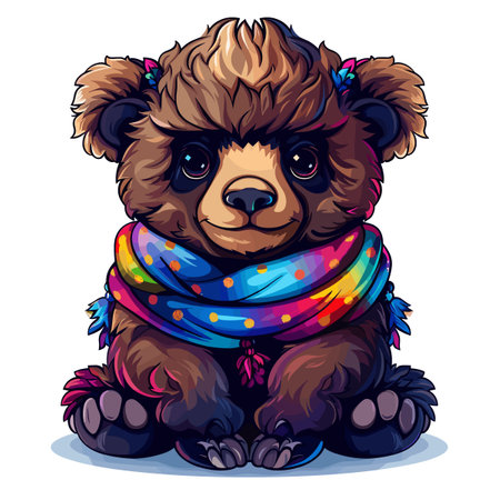 Cute cartoon brown bear with scarf isolated on white background. Vector illustration.のイラスト素材