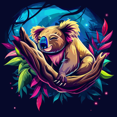 Cute koala sleeping on the tree in the forest. Vector illustration.のイラスト素材