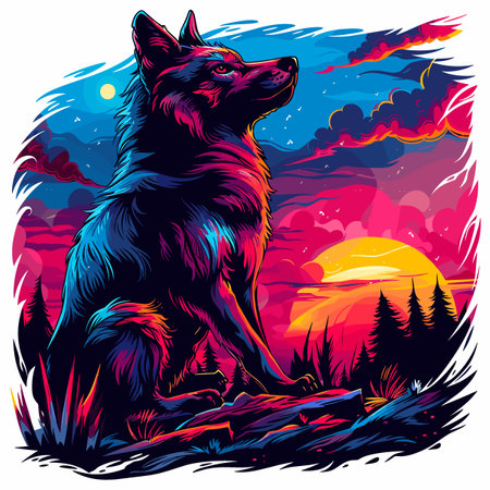Illustration of a wolf in the forest at sunset. Vector illustrationのイラスト素材