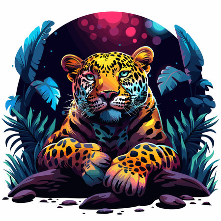 Jaguar on the background of the night jungle. Vector illustrationのイラスト素材
