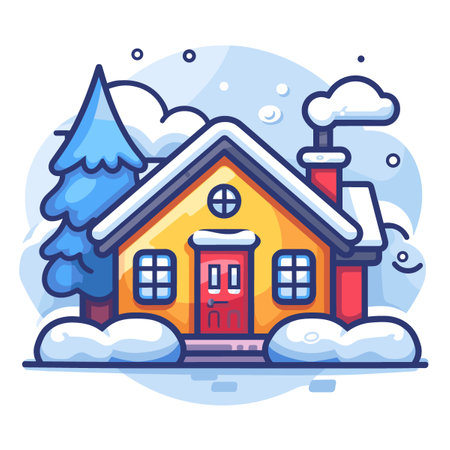 Winter house with snow and fir trees. Vector illustration in flat style.のイラスト素材