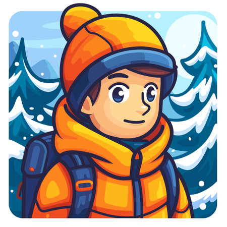Cute boy in winter clothes with backpack. Vector cartoon illustration.のイラスト素材