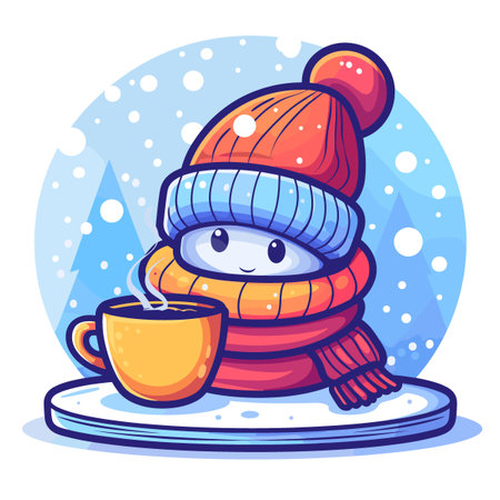 Cute cartoon snowman with a cup of hot tea. Vector illustration.のイラスト素材