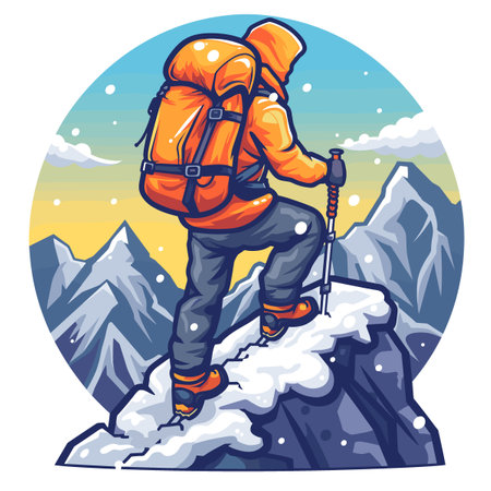 Hiker on the top of the mountain. Vector illustration in cartoon style.のイラスト素材