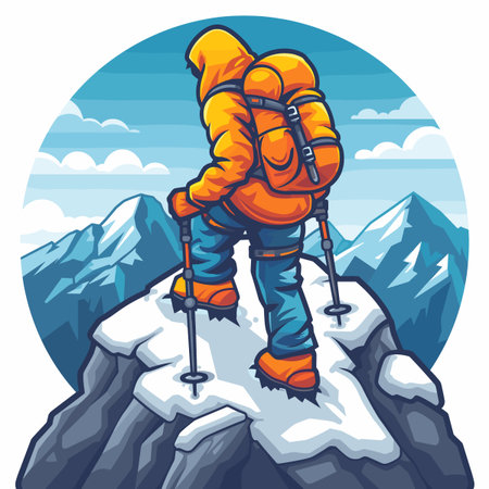 Hiker in orange jacket standing on the top of the mountain. Vector illustrationのイラスト素材