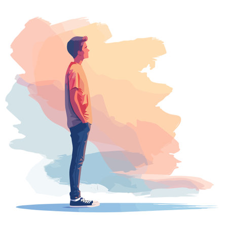 Young man with backpack standing in front of watercolor background vector illustrationのイラスト素材