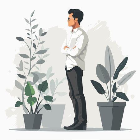Businessman standing in front of plants. Vector illustration in flat styleのイラスト素材