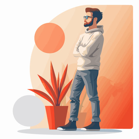 Hipster man with beard in casual clothes and glasses standing near flowerpot. Vector illustrationのイラスト素材