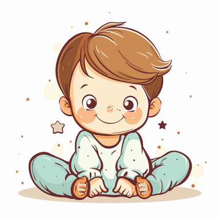 A cartoon baby is sitting on the ground with a smile on his face. The baby is wearing a blue outfit and has a star on his shirtのイラスト素材