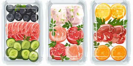 Slices of fresh meat in plastic boxes. Vector illustration.のイラスト素材