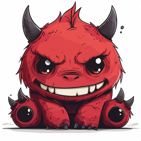 A cartoonish red monster with horns and a big smile. The monster is sitting on its back legs and he is happyのイラスト素材