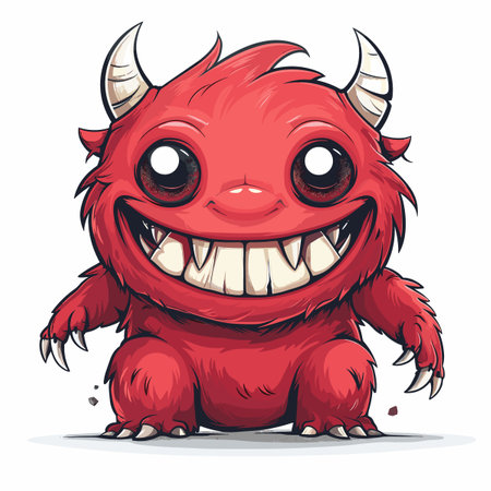 A cartoonish red monster with horns and a big smile on its face. The monster is standing on a white...