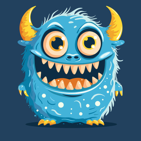 A cartoon monster with big eyes and a big smile. The monster is blue and yellow. The monster is...