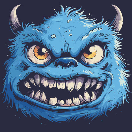 A blue monster with horns and a mouth full of teeth. The monster has a menacing look on its face
