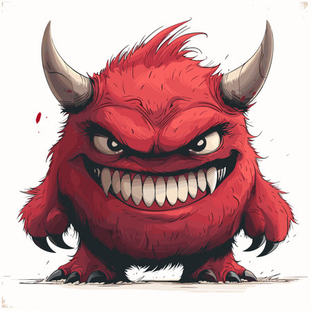 A cartoonish red monster with big horns and a big smile. The monster is standing on a white backgroundのイラスト素材