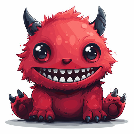 A cartoonish red monster with big horns and a big smile. The monster is standing on a white backgroundのイラスト素材