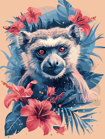 A monkey is standing in front of a flower garden. The monkey is surrounded by pink flowers, which...