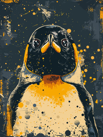 A penguin with a yellow beak and orange feet is staring at the camera. The image has a playful and whimsical mood, as the penguin's bright colorsのイラスト素材