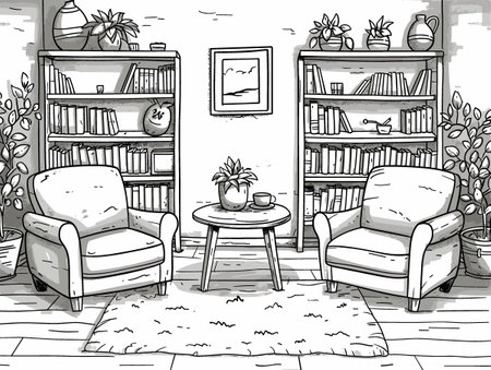 A cozy living room with two chairs, a coffee table, and a vase. The chairs are placed on either side of the table, and the vase is situated in the middle of the tableのイラスト素材
