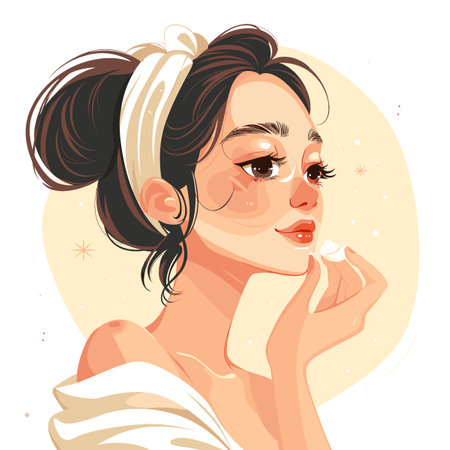 a lady putting on her skin cartoon style. A woman with a white bandana on her head is applying makeup. The image has a light and cheerful mood, with the woman's smile and the bright colors of the bandana and makeupのイラスト素材