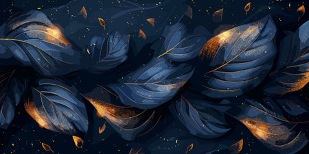 A beautiful blue and gold leafy background with a gold leafy pattern. The leaves are gold and blue, and they are scattered throughout the image. Scene is serene and calming, as the colorsのイラスト素材