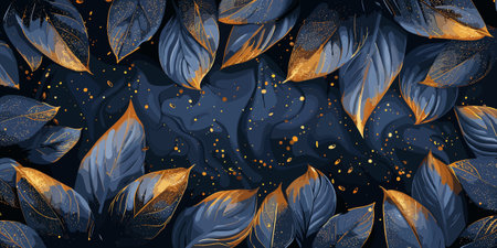 A blue and gold leafy background with gold leafy branches. The background is a dark blue colorのイラスト素材