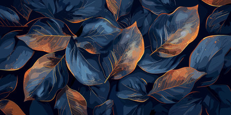 A painting of leaves with a blue background and gold accents. The leaves are arranged in a way that creates a sense of depth and movement. The overall mood of the painting is serene and calmingのイラスト素材