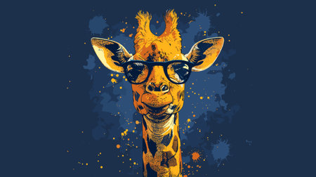 A giraffe wearing glasses and smiling. The giraffe is wearing a blue shirtのイラスト素材