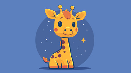 A giraffe is sitting on a blue background. The giraffe is smiling and looking at the cameraのイラスト素材