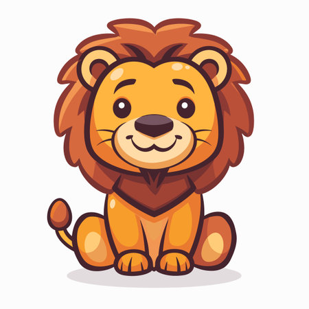 A cartoon lion is sitting on a white background. The lion has a big smile on its face and is looking at the cameraのイラスト素材