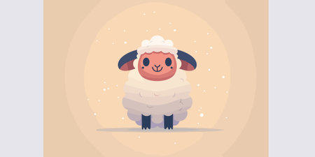A cartoon sheep is standing in the center of a yellow background. The sheep is smiling and he is happyのイラスト素材