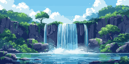A waterfall is shown in a lush green forest with a clear blue sky above. The water is flowing down the rocks, creating a peaceful and serene atmosphere. Concept of tranquility and natural beautyのイラスト素材