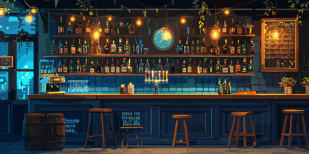 A bar with a mirror and a chalkboard on the wall. The bar is empty and the lights are dim