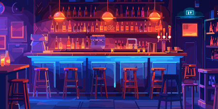 A bar with neon lights and a clock on the wall. The bar is empty and the mood is calmのイラスト素材