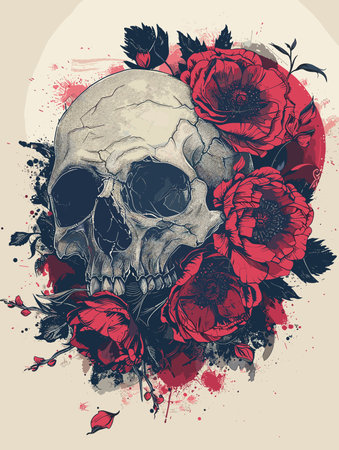 A skull is surrounded by red flowers. The skull is surrounded by a splash of red and blueのイラスト素材