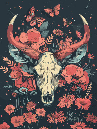 A painting of a deer with a skull on its head and flowers surrounding it. The painting has a whimsical and playful mood, with the flowers and skull creating a contrast between the naturalのイラスト素材