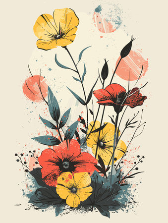A painting of a flower garden with a splash of color. The flowers are in various shades of red, yellow, and blue. The painting has a vibrant and lively feel to itのイラスト素材