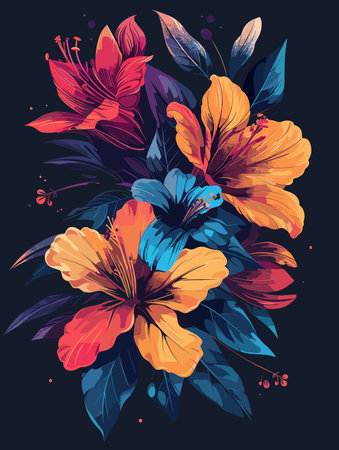 A colorful painting of flowers with a blue background. The flowers are orange and yellow, and the leaves are green. The painting has a vibrant and lively feel to it, with the colorsのイラスト素材