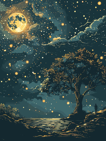 A painting of a tree with a full moon in the background. The painting has a serene and peaceful mood, with the tree and moon creating a sense of calmness and tranquilityのイラスト素材