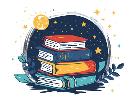 A stack of books is shown in a circle with stars and leaves. The books are arranged in a pyramid shape, with the top book being the largest and the bottom book being the smallestのイラスト素材