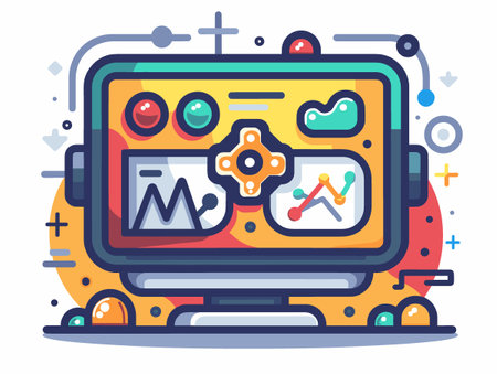 A computer monitor with a robot on it. The robot is holding a controller. The robot is surrounded by a colorful backgroundのイラスト素材