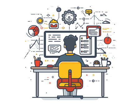 A man is sitting at a desk with a computer monitor in front of him. The desk is cluttered with various items such as a cup, a keyboard, a mouse, and a book. Concept of productivity and focusのイラスト素材